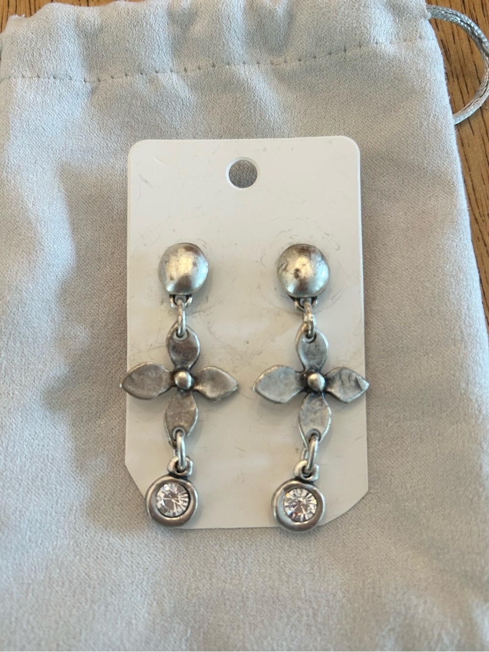 Silver Floral Drop Earrings with Crystal Accent - Women Jewelry